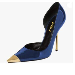 FSJ Royal Blue Sexy Pointy Cap Toe High Gold Heel Pumps Half D'Orsay Dress Shoe
